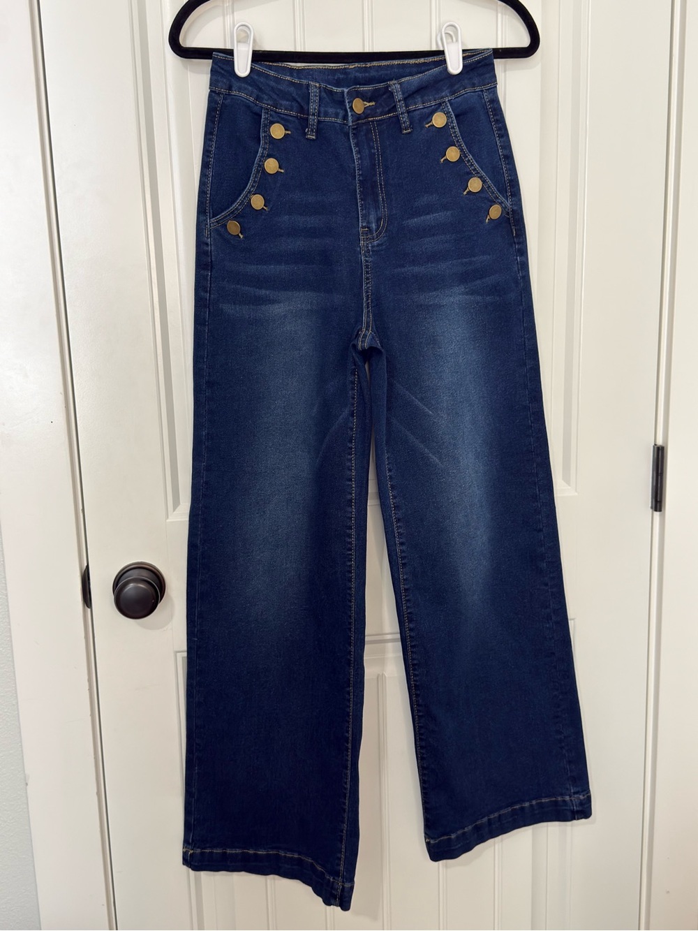 Dark Blue High-Rise Wide Leg Jeans with Gold Buttons
